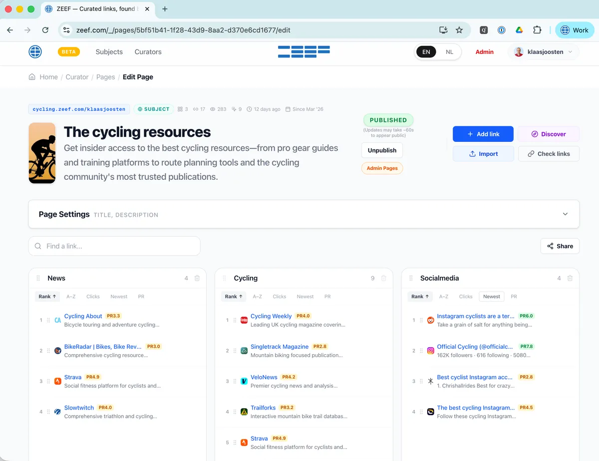 Page editor showing three categories — News, Cycling, and Social media — each with ranked links