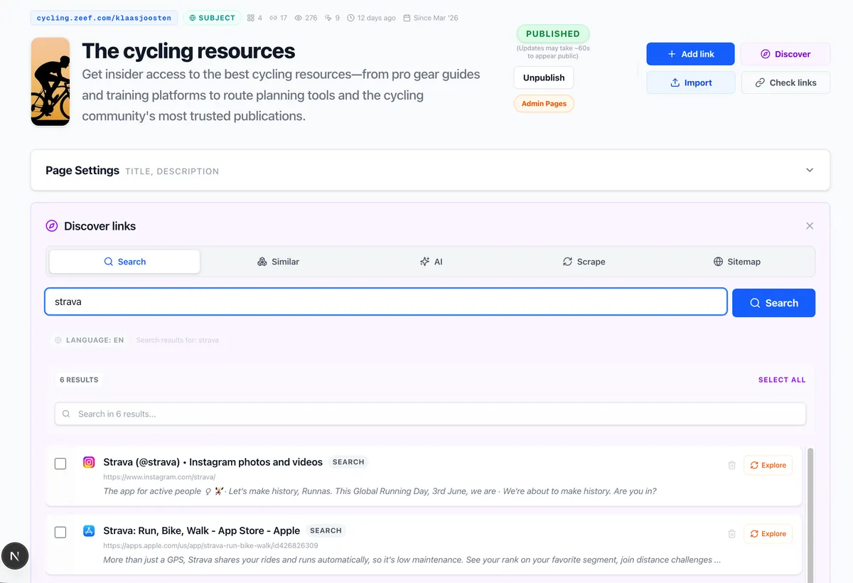 Discover panel showing search results for 'strava' with titles and descriptions