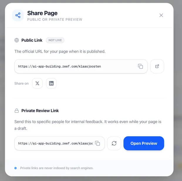 Share modal showing a public link and a private review link